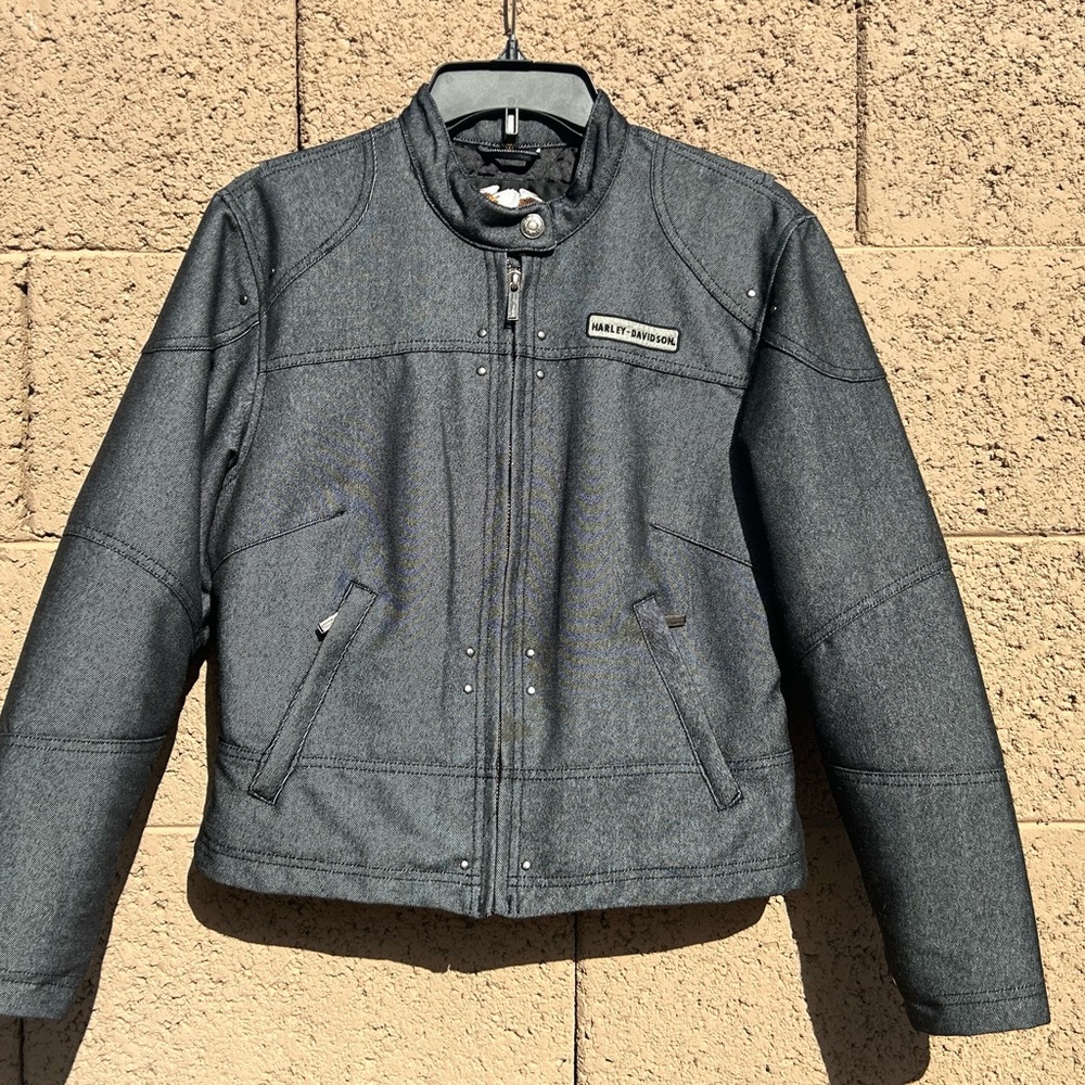 Women’s small black denim washed, Harley, Davidson, zippered jacket.